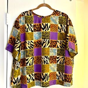 RARE Two Twenty Silk Blouse Animal Print Purple Tan Squares Short Sleeve, XL